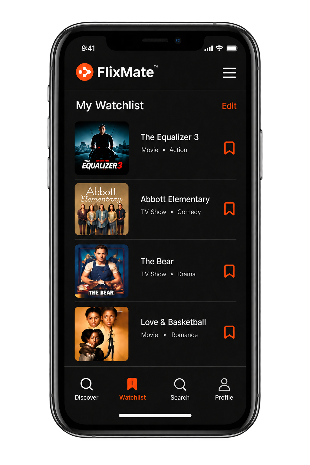 FlixMate watchlist screen for Bowie TV campaign